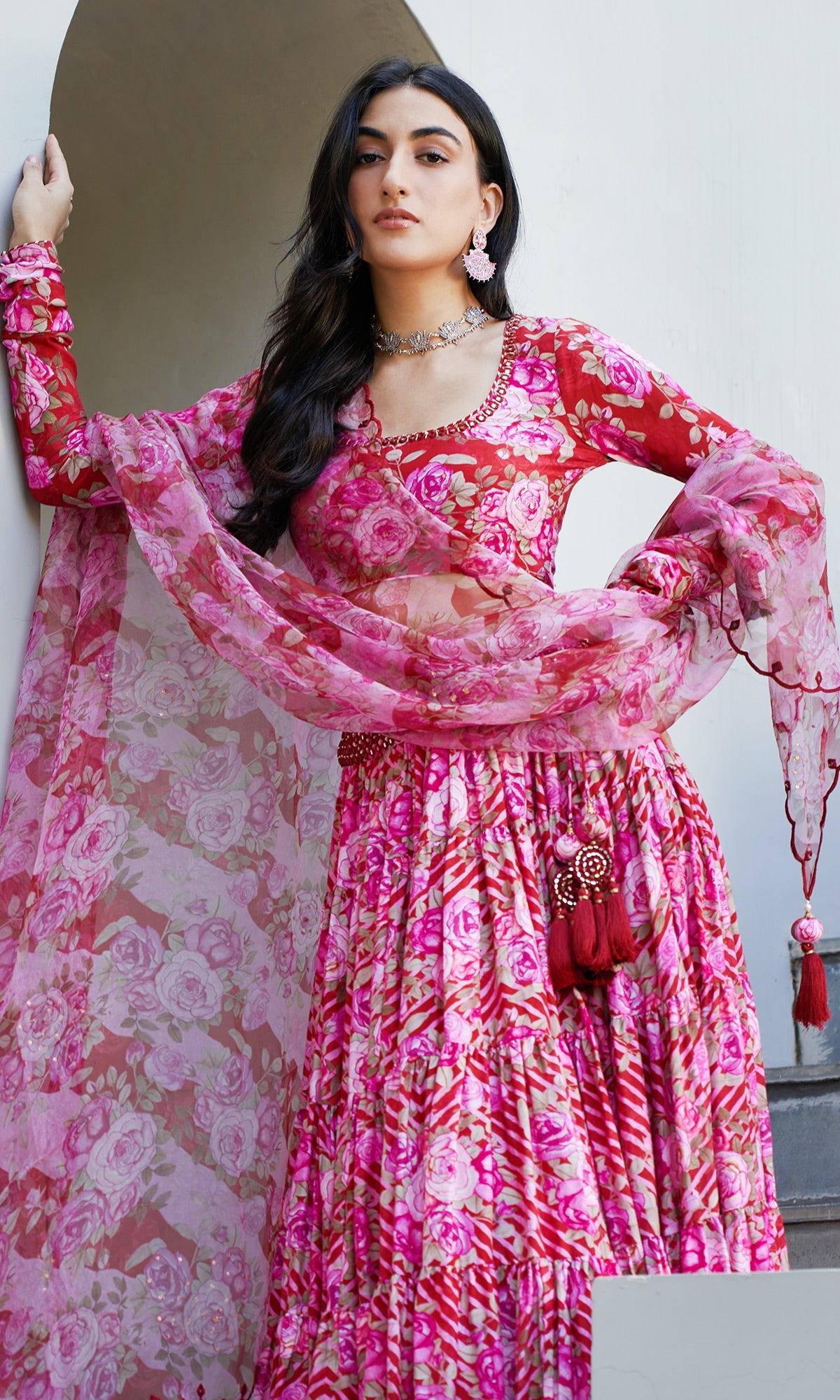 Farzeen - Red Leheriya-Floral Embroidered Tiered Lehenga with blouse and dupatta