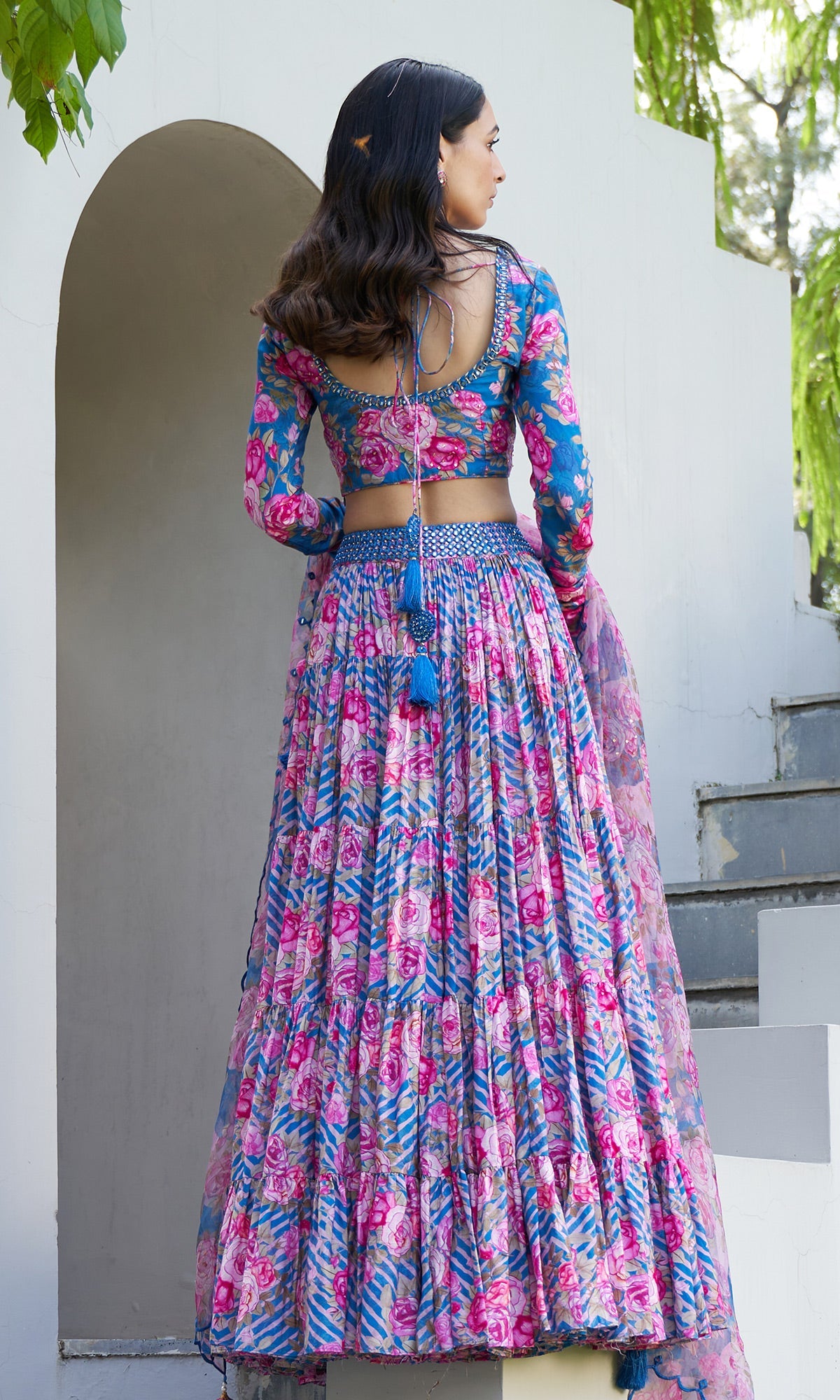 Farzeen - Cobalt Blue Leheriya Floral Embroidered Tiered Lehenga Set - Set of 3