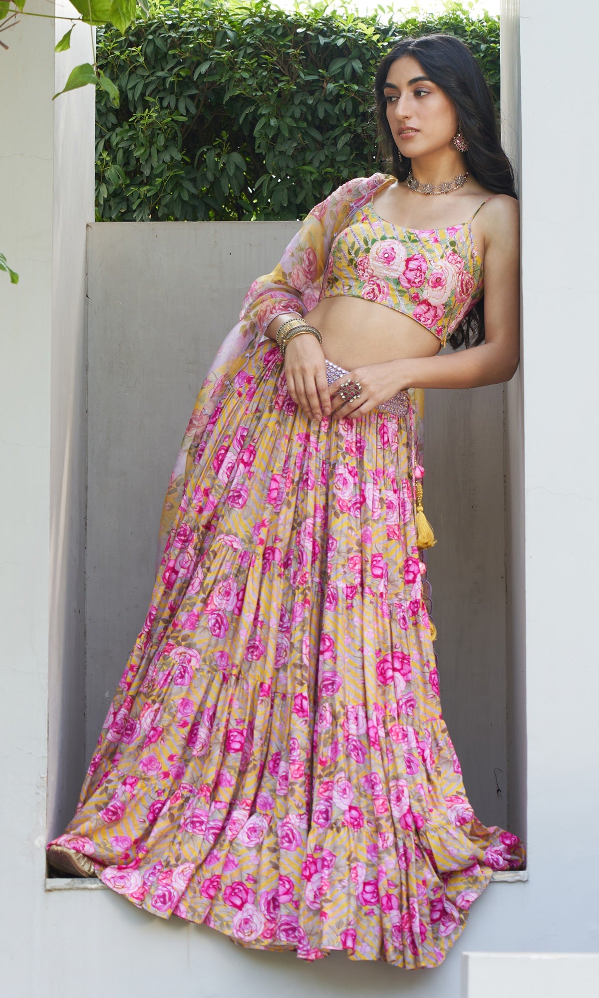 Farzeen - Lilac Lehariya Floral Embroidered Bustier with Lehenga and Dupatta - Set of 3
