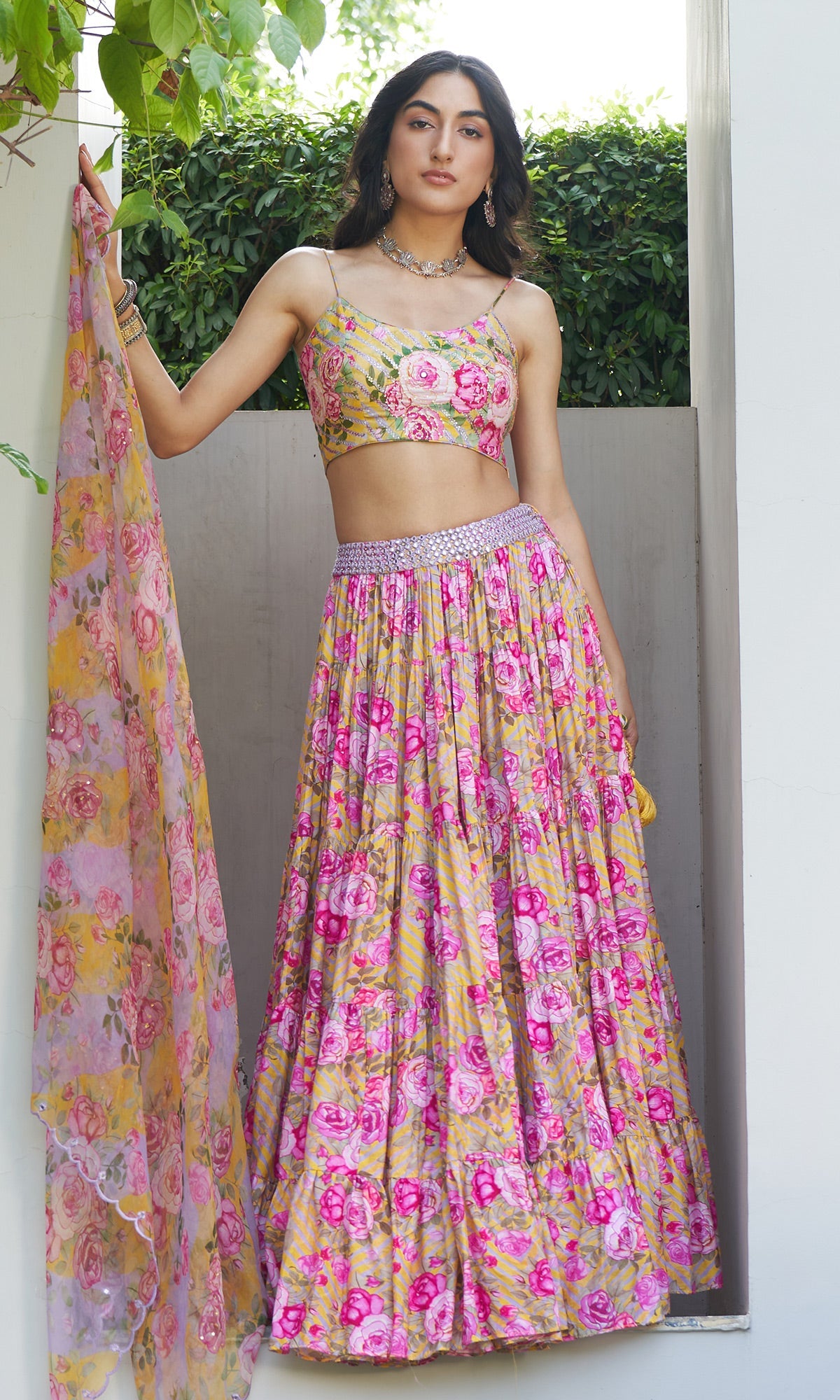 Farzeen - Lilac Lehariya Floral Embroidered Bustier with Lehenga and Dupatta - Set of 3