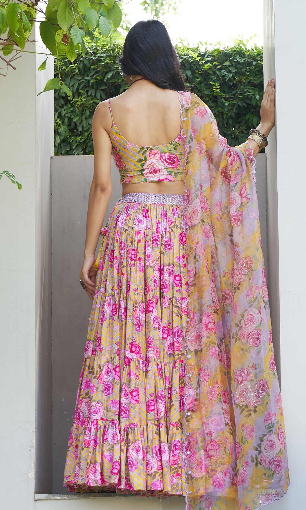 Farzeen - Lilac Lehariya Floral Embroidered Bustier with Lehenga and Dupatta - Set of 3