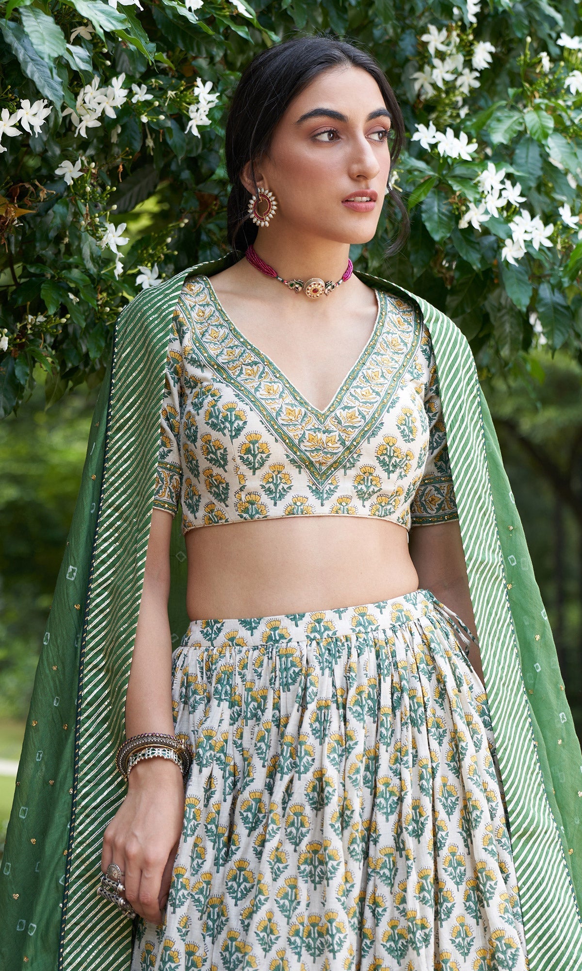 Kainaat - Green Block Printed V-Neck Blouse With Lehenga And Dupatta - Set Of 3
