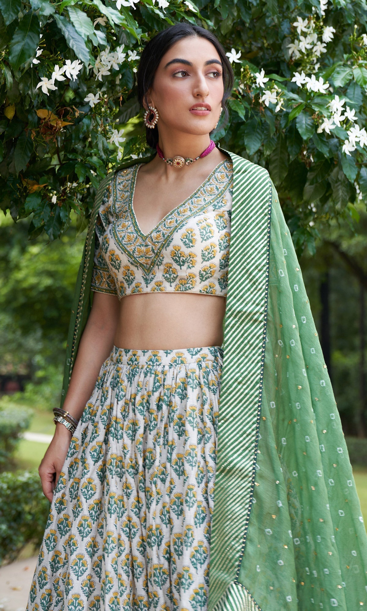 Kainaat - Green Block Printed V-Neck Blouse With Lehenga And Dupatta - Set Of 3