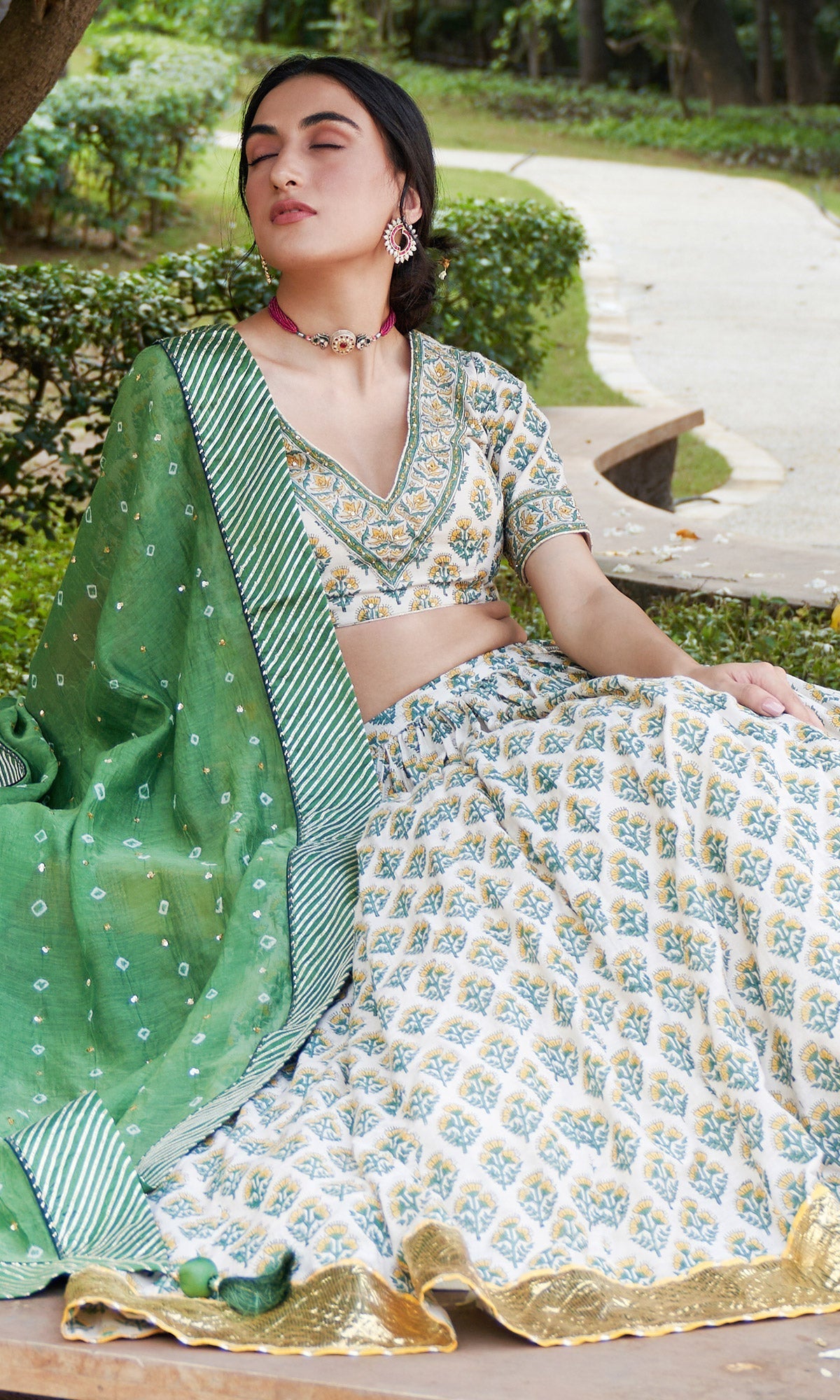 Kainaat - Green Block Printed V-Neck Blouse With Lehenga And Dupatta - Set Of 3