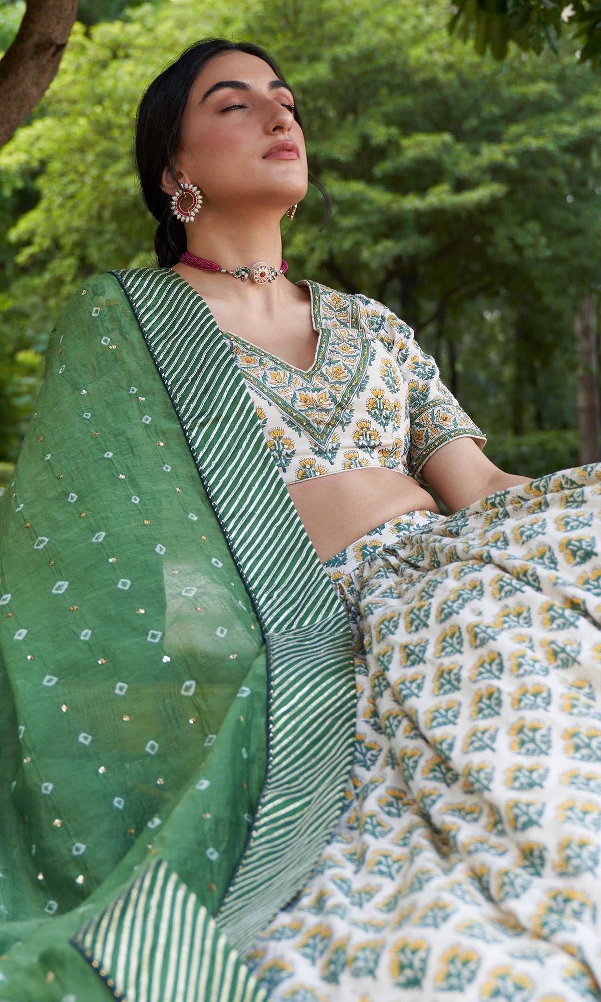Kainaat - Green Block Printed V-Neck Blouse With Lehenga And Dupatta - Set Of 3
