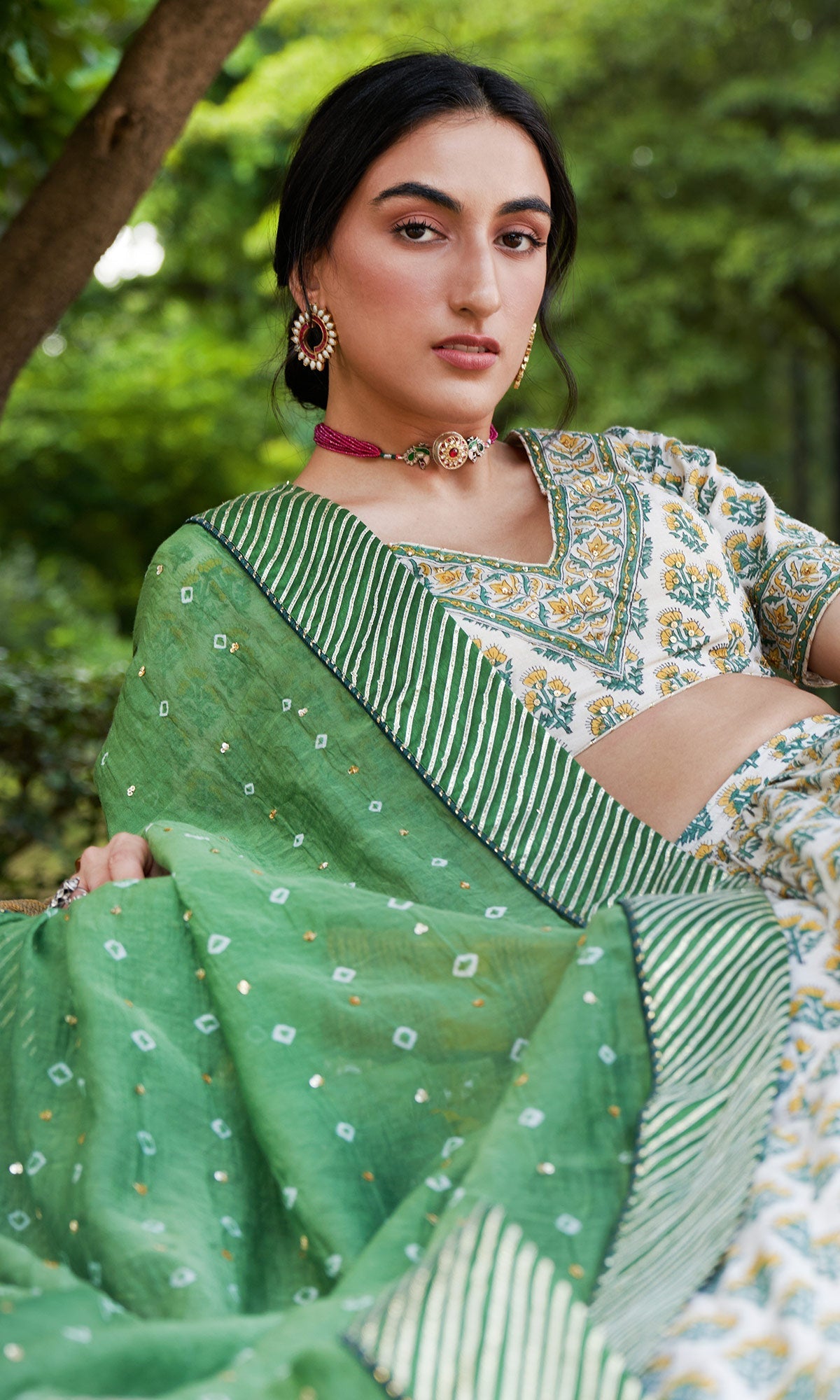 Kainaat - Green Block Printed V-Neck Blouse With Lehenga And Dupatta - Set Of 3