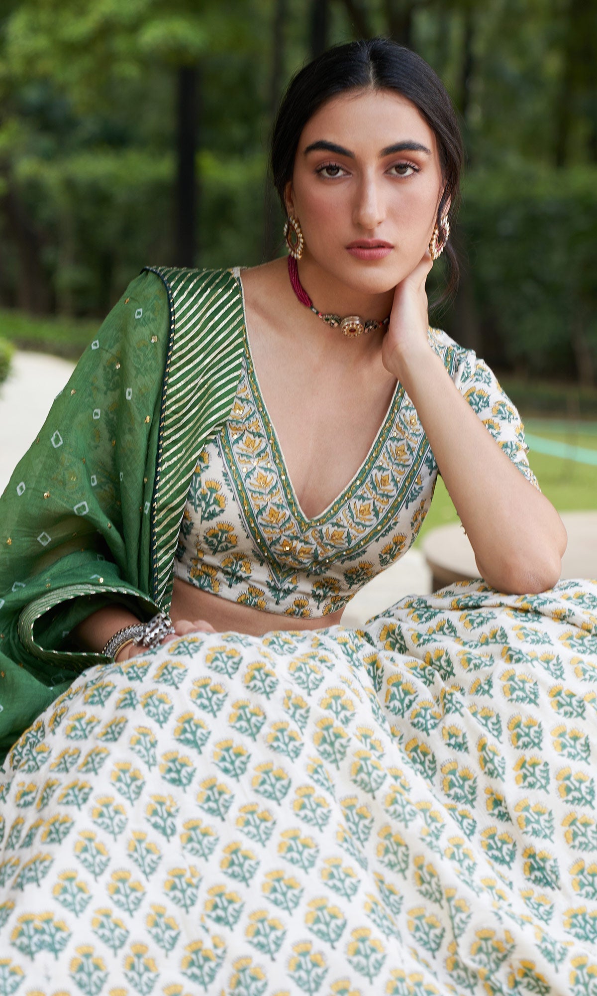 Kainaat - Green Block Printed V-Neck Blouse With Lehenga And Dupatta - Set Of 3