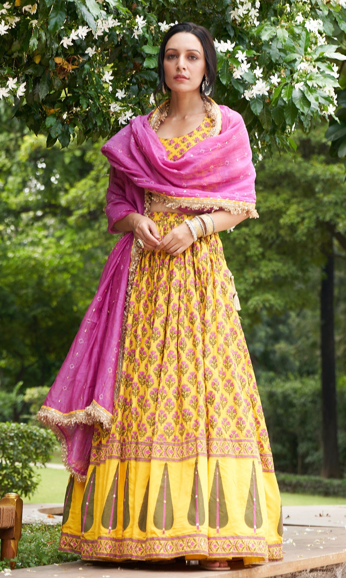 Kainaat - Mustard Yellow Sleeveless Block Printed Lehenga Set - Set Of 3