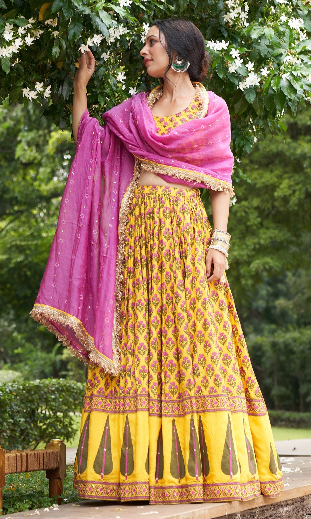 Kainaat - Mustard Yellow Sleeveless Block Printed Lehenga Set - Set Of 3