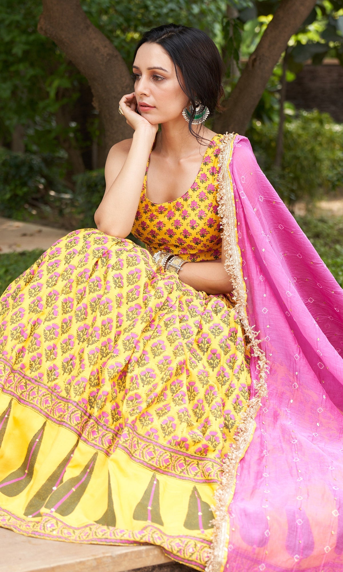 Kainaat - Mustard Yellow Sleeveless Block Printed Lehenga Set - Set Of 3