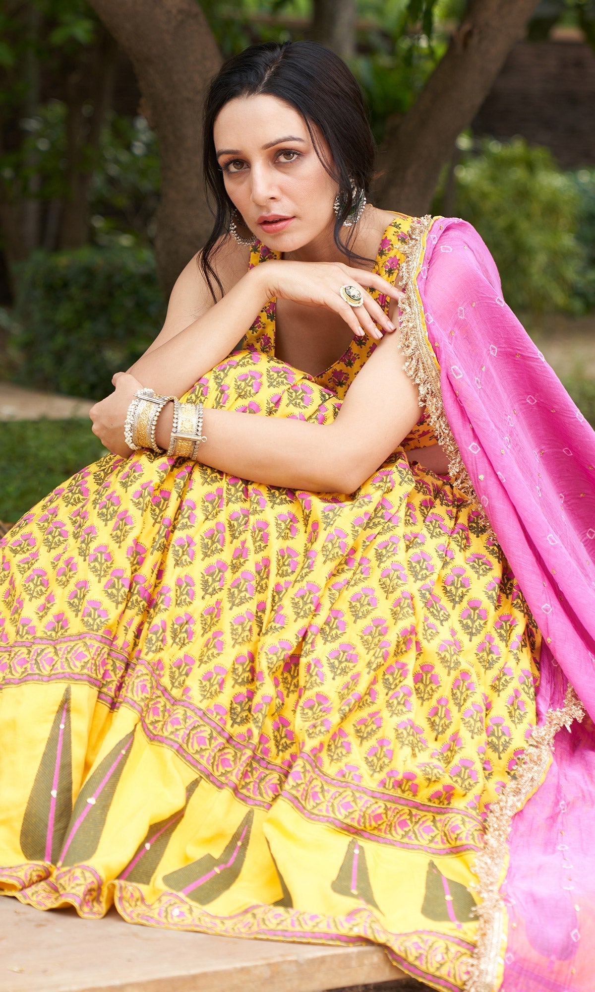 Kainaat - Mustard Yellow Sleeveless Block Printed Lehenga Set - Set Of 3