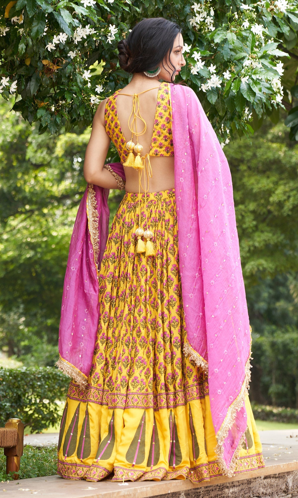 Kainaat - Mustard Yellow Sleeveless Block Printed Lehenga Set - Set Of 3