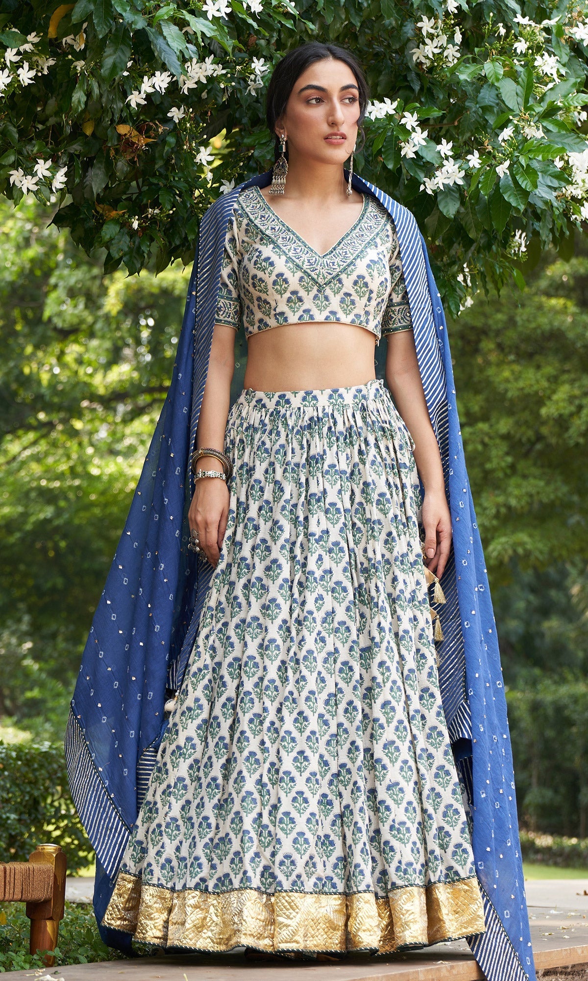 Kainaat - Blue Block Printed V-Neck Blouse With Lehenga And Dupatta - Set Of 3