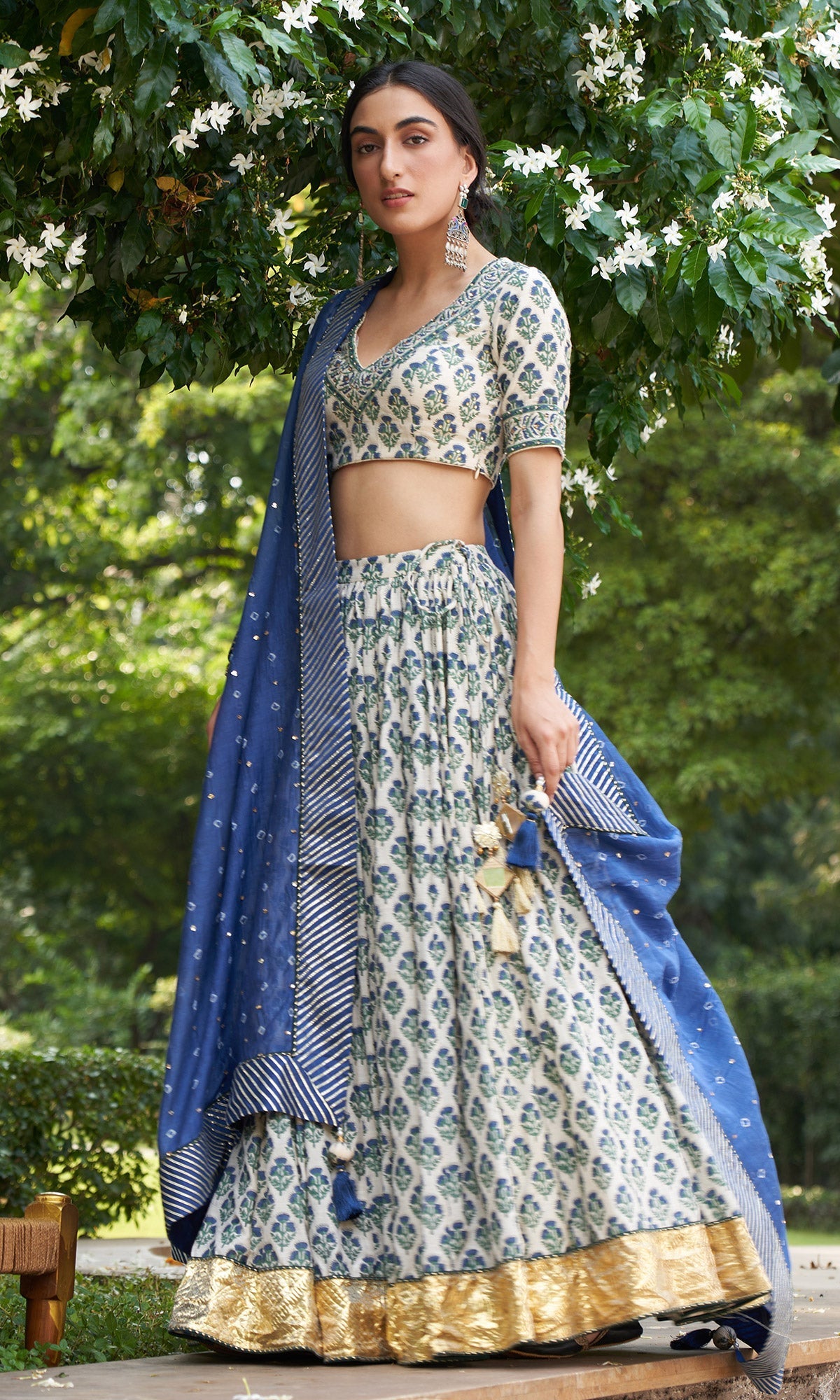 Kainaat - Blue Block Printed V-Neck Blouse With Lehenga And Dupatta - Set Of 3