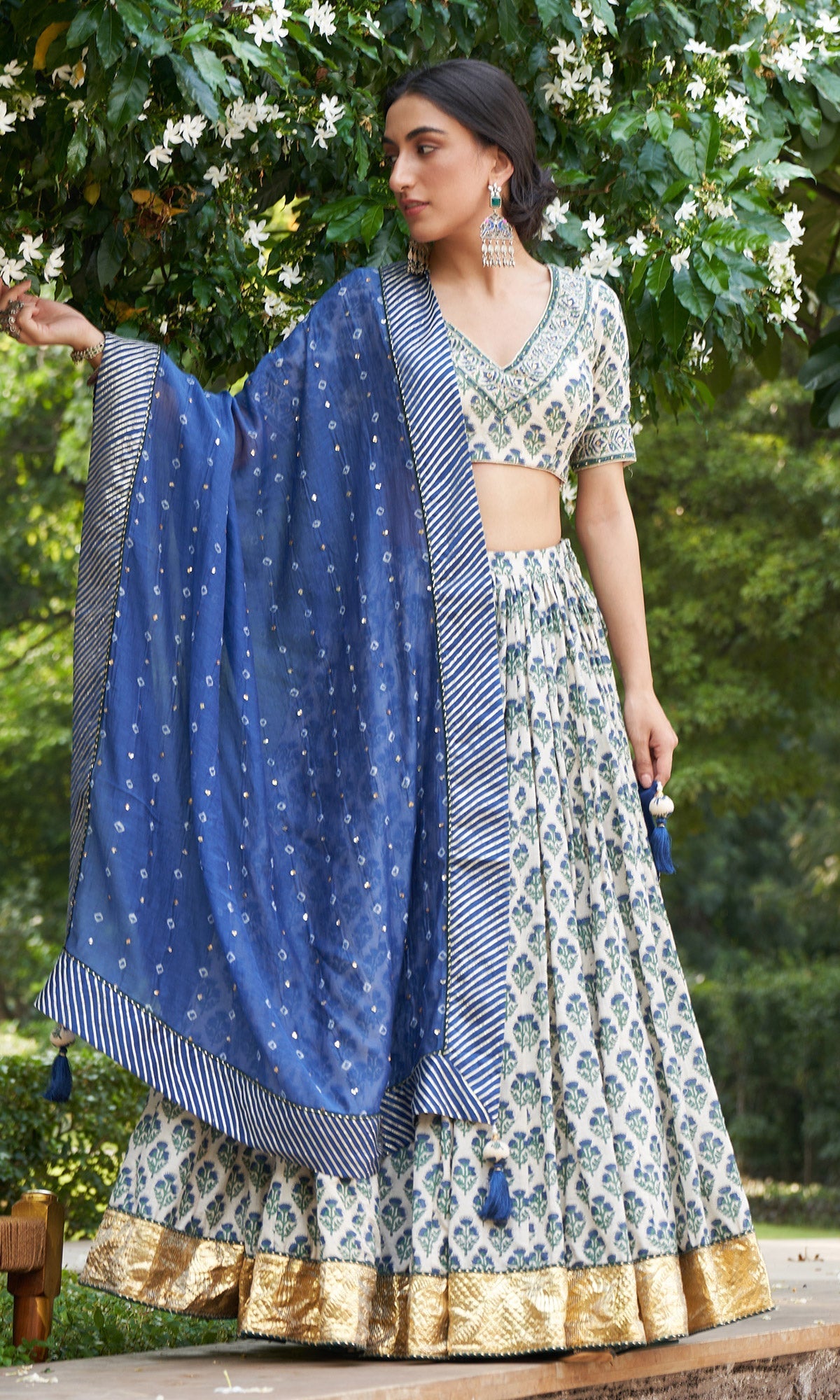 Kainaat - Blue Block Printed V-Neck Blouse With Lehenga And Dupatta - Set Of 3