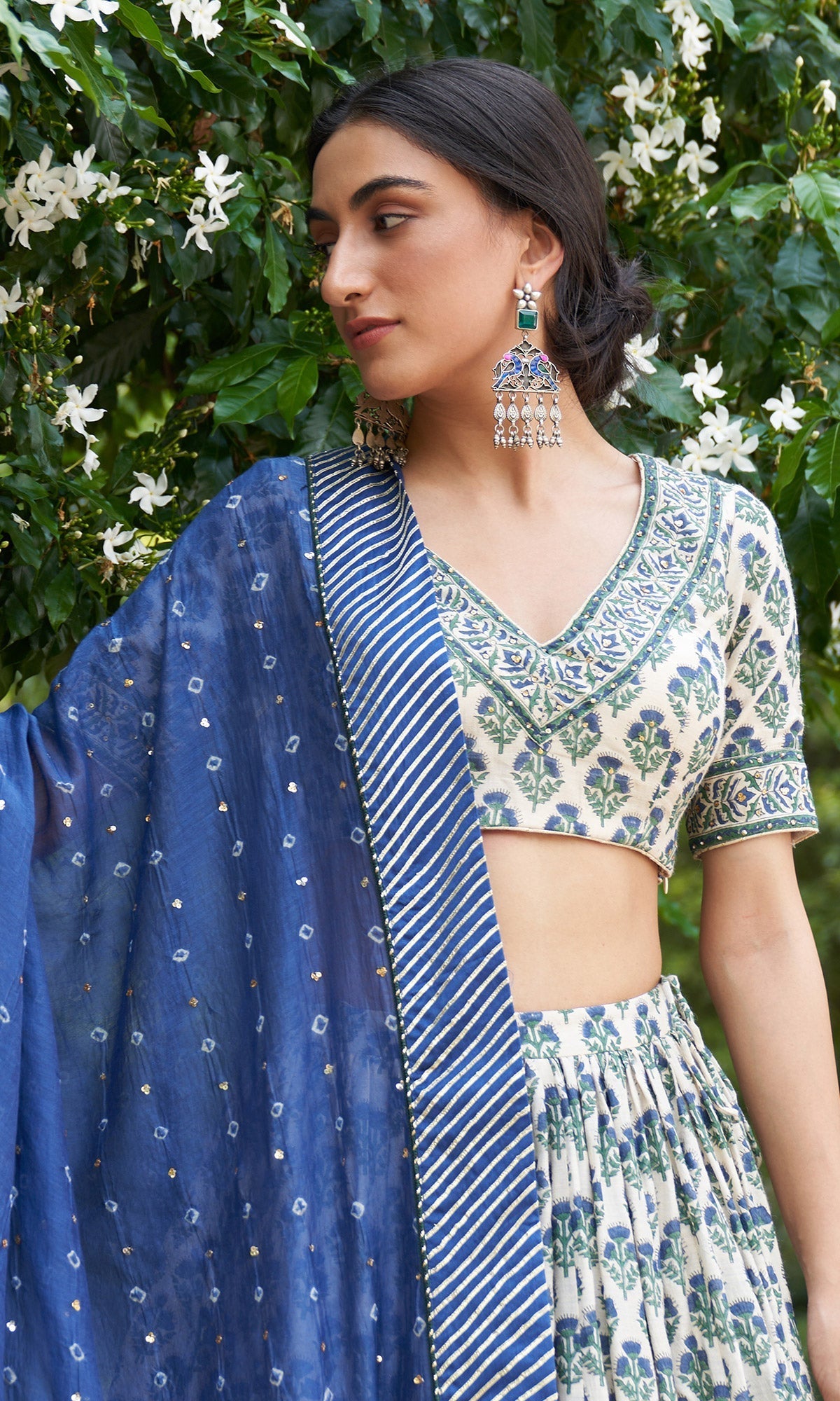 Kainaat - Blue Block Printed V-Neck Blouse With Lehenga And Dupatta - Set Of 3