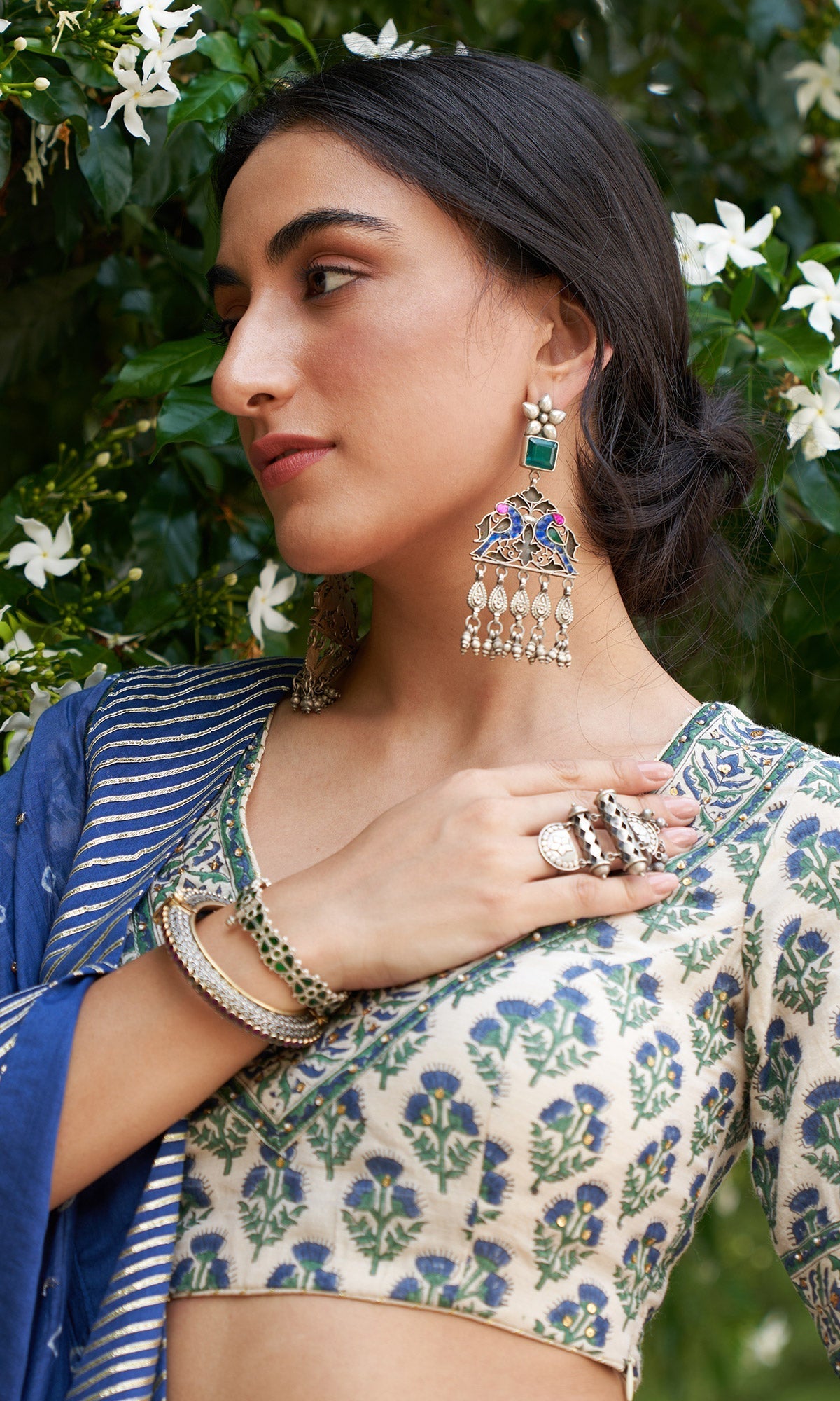 Kainaat - Blue Block Printed V-Neck Blouse With Lehenga And Dupatta - Set Of 3