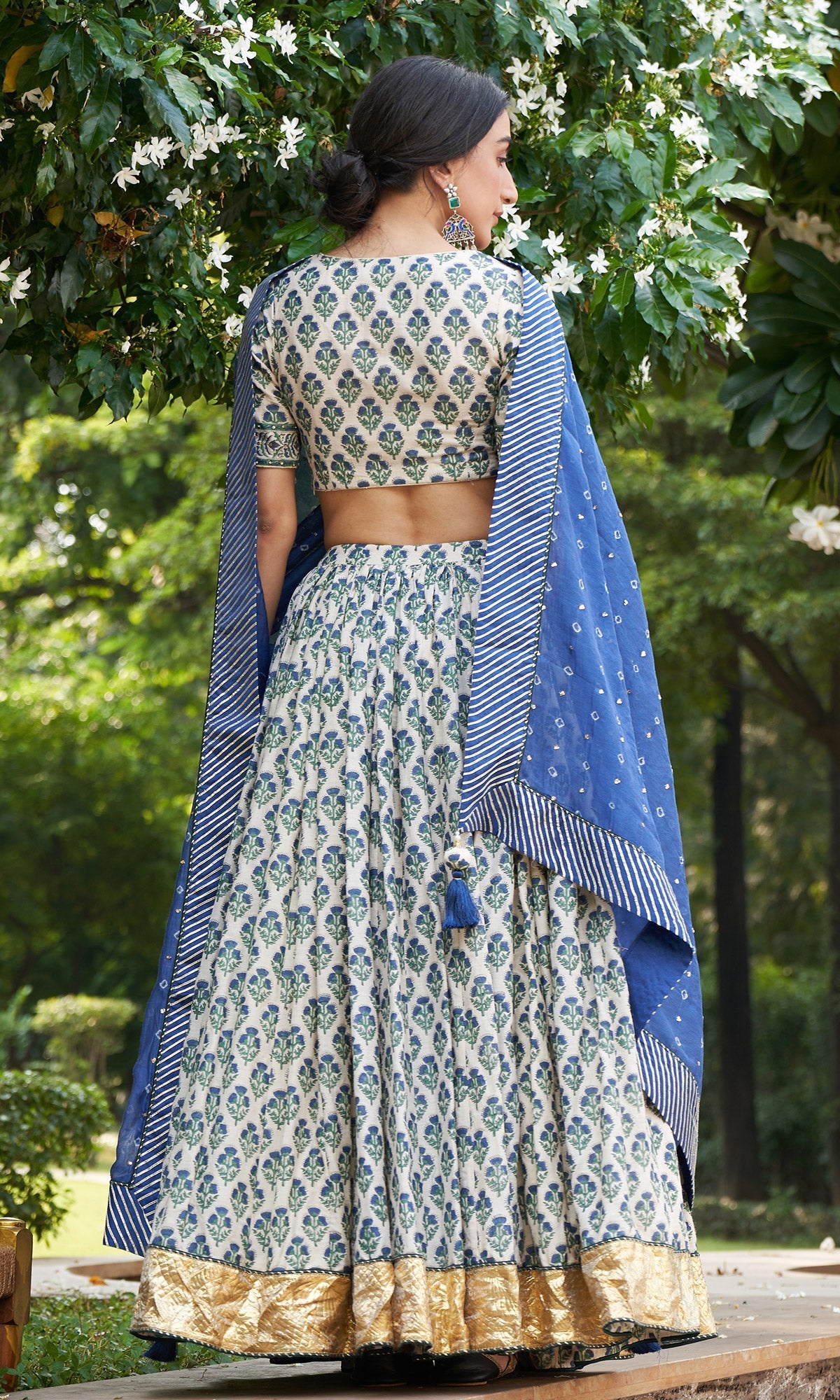 Kainaat - Blue Block Printed V-Neck Blouse With Lehenga And Dupatta - Set Of 3