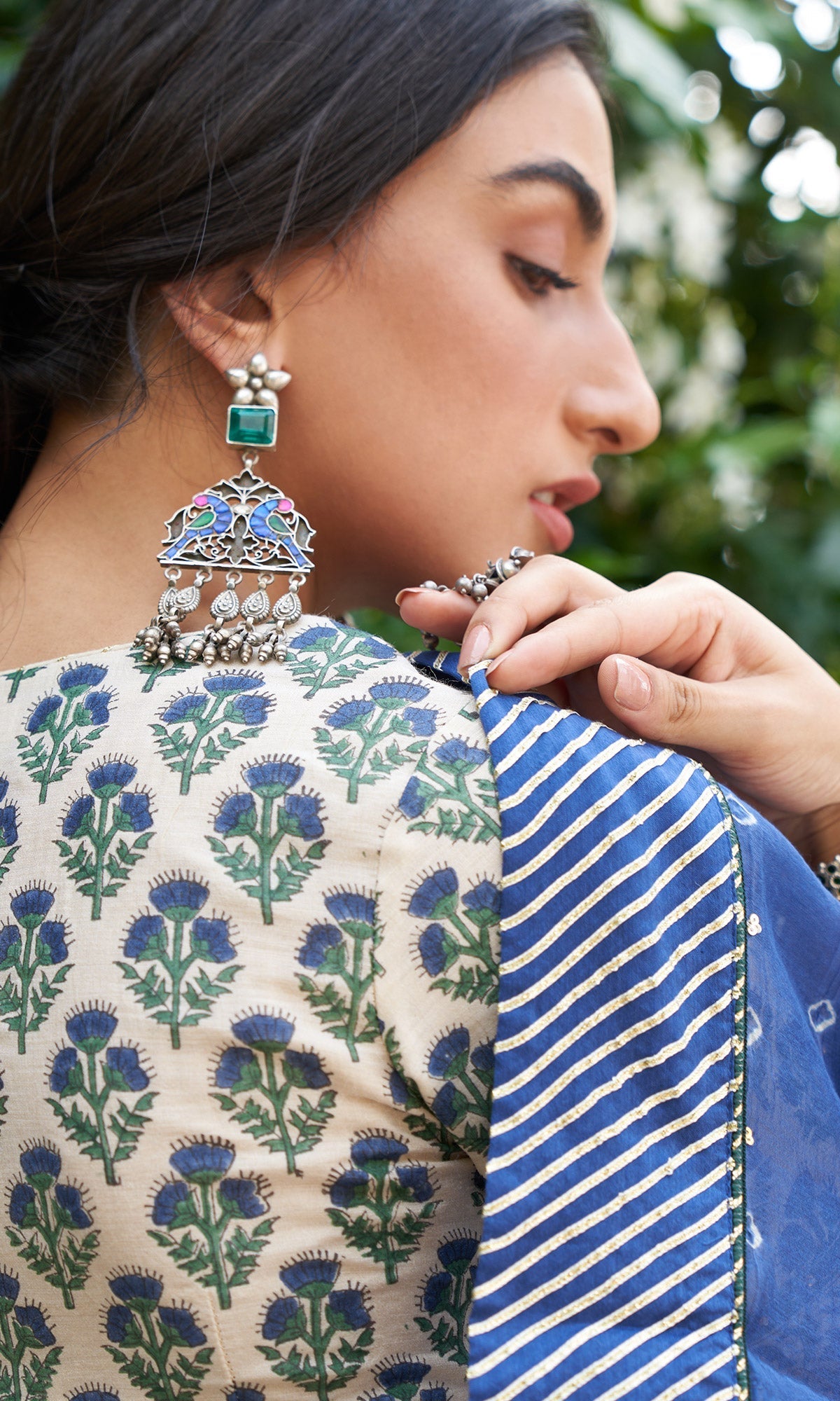 Kainaat - Blue Block Printed V-Neck Blouse With Lehenga And Dupatta - Set Of 3