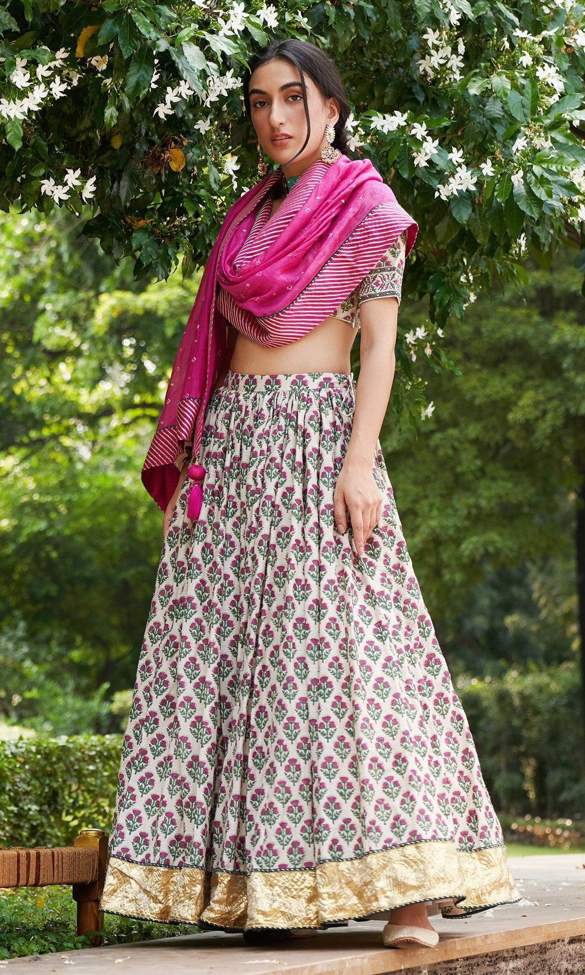 Kainaat - Pink Block Printed V-Neck Blouse With Lehenga And Dupatta - Set Of 3