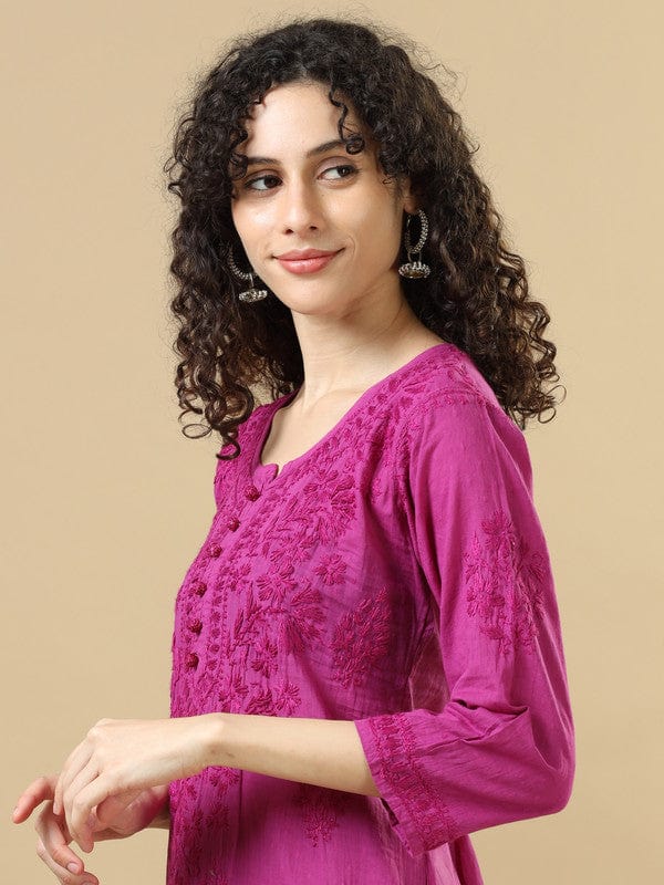 Purple 3/4th Sleeves Chanderi Chikankari Regular fit Calf length Kurta Set - Without Dupatta