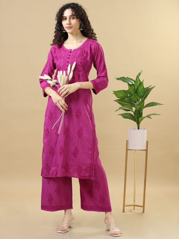 Purple 3/4th Sleeves Chanderi Chikankari Regular fit Calf length Kurta Set - Without Dupatta
