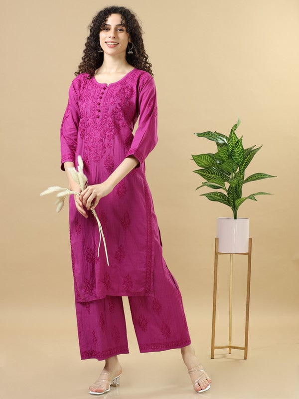 Purple 3/4th Sleeves Chanderi Chikankari Regular fit Calf length Kurta Set - Without Dupatta