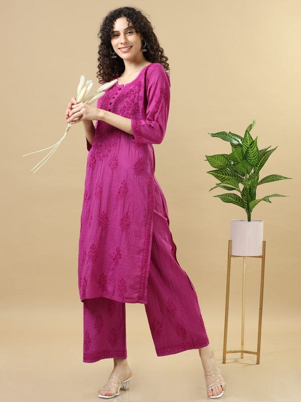 Purple 3/4th Sleeves Chanderi Chikankari Regular fit Calf length Kurta Set - Without Dupatta