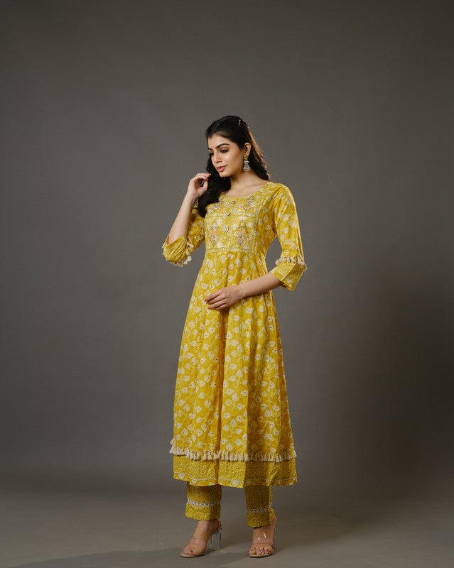 Yellow 3/4th Sleeve Cotton Abstarct Batik Print, Machine Embroidery Calf Length Kurta Set - With Dupatta