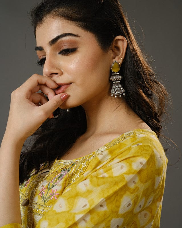 Yellow 3/4th Sleeve Cotton Abstarct Batik Print, Machine Embroidery Calf Length Kurta Set - With Dupatta