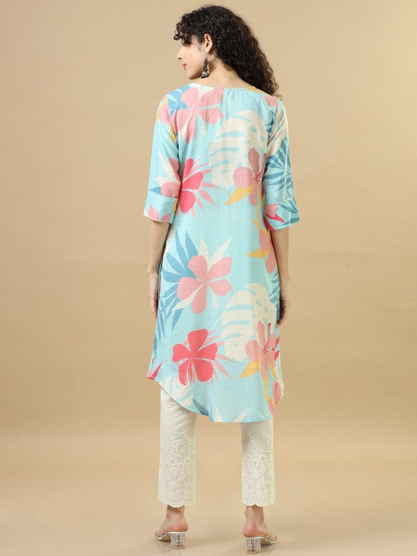 Sky Blue 3/4Th Sleeves Cotton Slub Regular Fit Calf Length A-Line Kurta Set - Without Dupatta