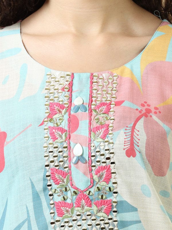 Sky Blue 3/4Th Sleeves Cotton Slub Regular Fit Calf Length A-Line Kurta Set - Without Dupatta