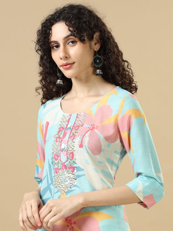 Sky Blue 3/4Th Sleeves Cotton Slub Regular Fit Calf Length A-Line Kurta Set - Without Dupatta