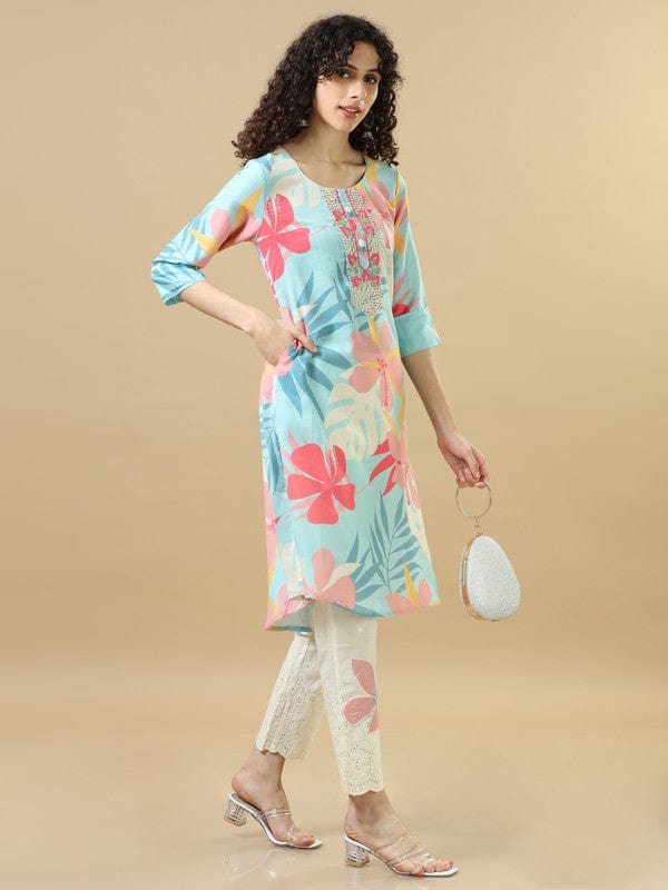 Sky Blue 3/4Th Sleeves Cotton Slub Regular Fit Calf Length A-Line Kurta Set - Without Dupatta