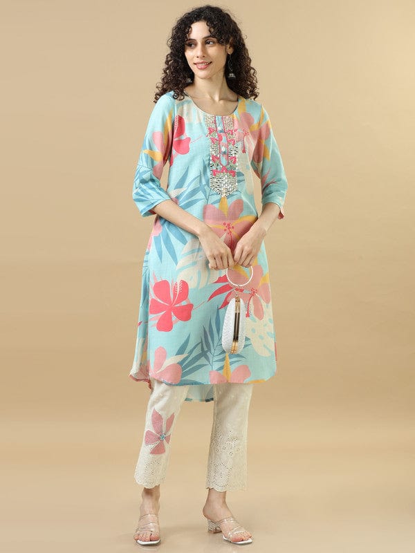 Sky Blue 3/4Th Sleeves Cotton Slub Regular Fit Calf Length A-Line Kurta Set - Without Dupatta