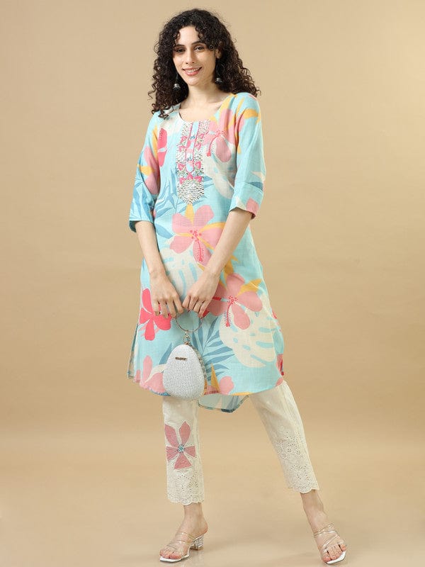Sky Blue 3/4Th Sleeves Cotton Slub Regular Fit Calf Length A-Line Kurta Set - Without Dupatta