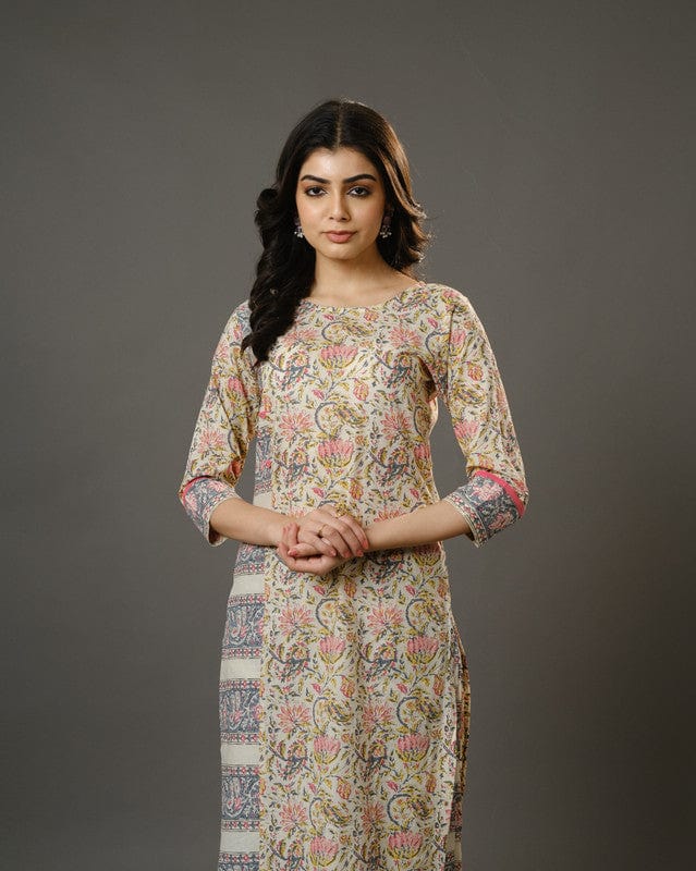 Beige 3/4th Sleeves Cotton Block Print Calf Length Kurta Set - Without Dupatta