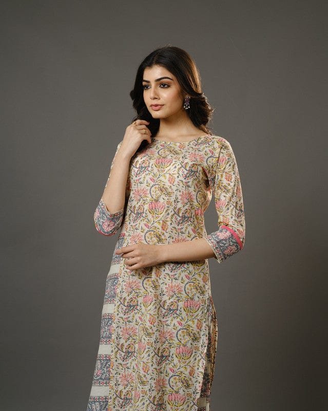 Beige 3/4th Sleeves Cotton Block Print Calf Length Kurta Set - Without Dupatta