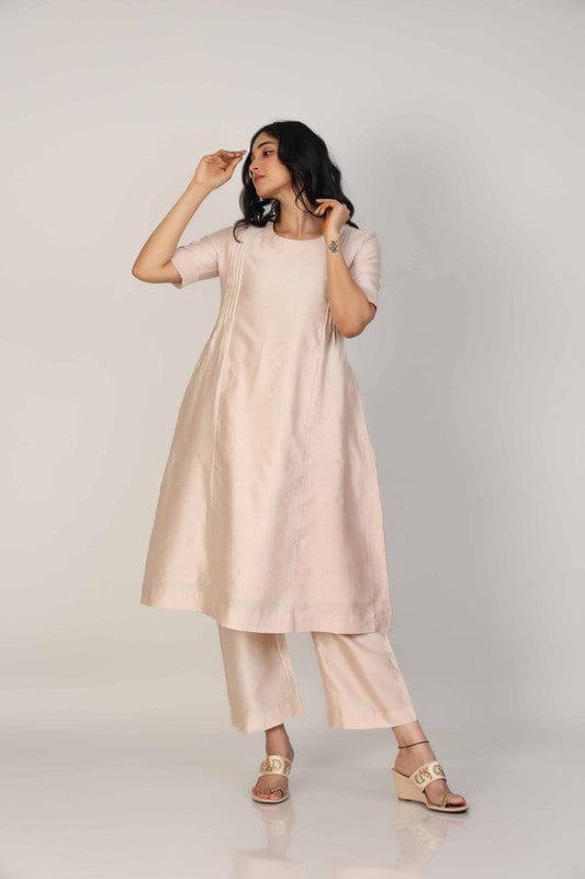 Biscuit Elbow Sleeves Chanderi Knife pleats at the front Calf length Kurta Set - Without Dupatta
