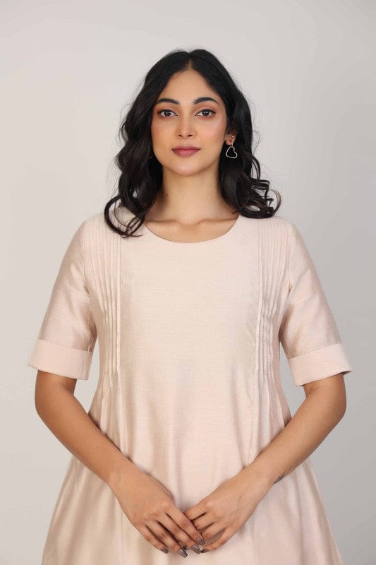 Biscuit Elbow Sleeves Chanderi Knife pleats at the front Calf length Kurta Set - Without Dupatta