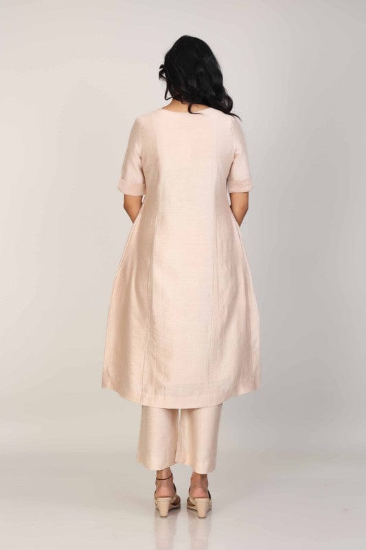 Biscuit Elbow Sleeves Chanderi Knife pleats at the front Calf length Kurta Set - Without Dupatta