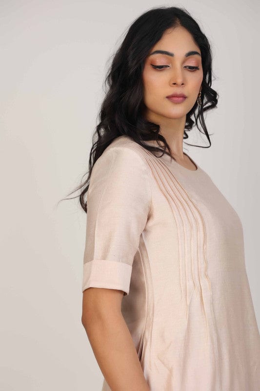 Biscuit Elbow Sleeves Chanderi Knife pleats at the front Calf length Kurta Set - Without Dupatta