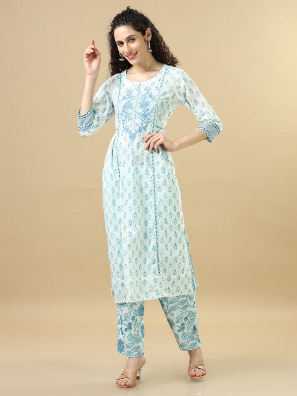 White 3/4Th Sleeves Cotton Regular Fit Calf Length Straight Kurta Set - With Dupatta
