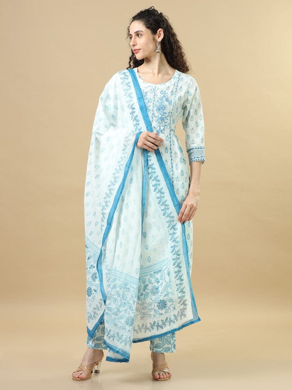 White 3/4Th Sleeves Cotton Regular Fit Calf Length Straight Kurta Set - With Dupatta