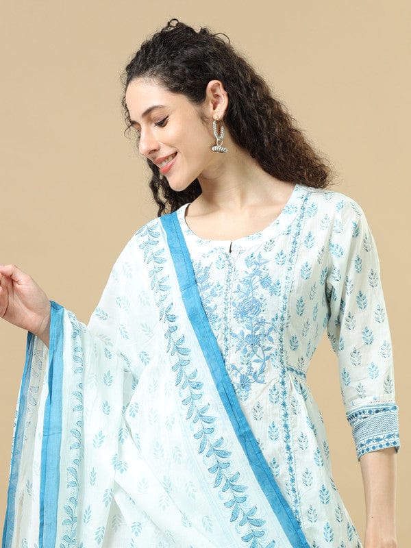 White 3/4Th Sleeves Cotton Regular Fit Calf Length Straight Kurta Set - With Dupatta