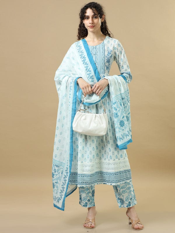White 3/4Th Sleeves Cotton Regular Fit Calf Length with tassels Straight Kurta Set - With Dupatta