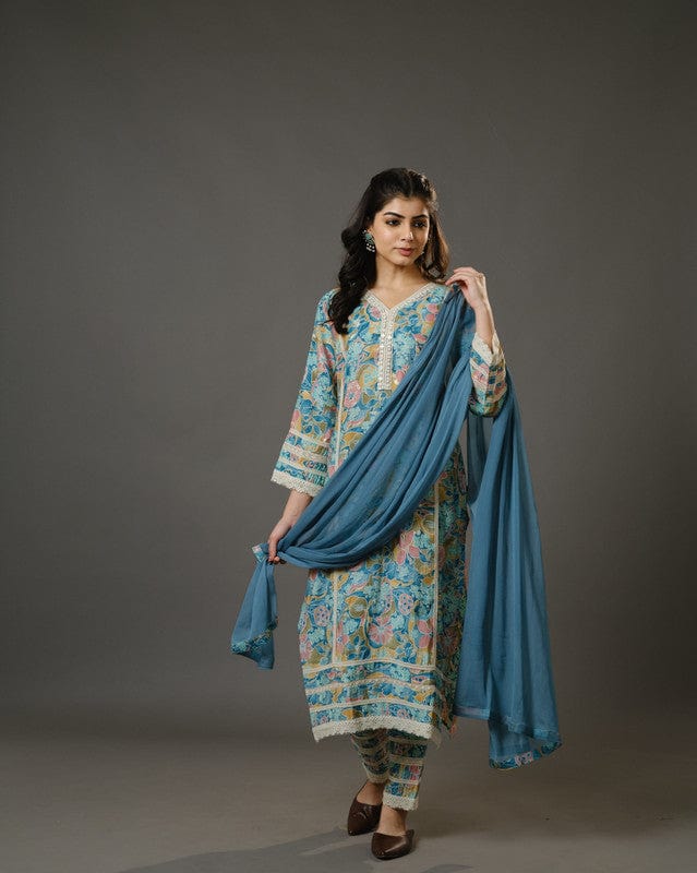 Stone Blue 3/4th Sleeves Chanderi Digital Floral Print, Mirror Work Calf Length Kurta Set - With Dupatta