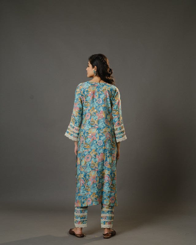 Stone Blue 3/4th Sleeves Chanderi Digital Floral Print, Mirror Work Calf Length Kurta Set - With Dupatta