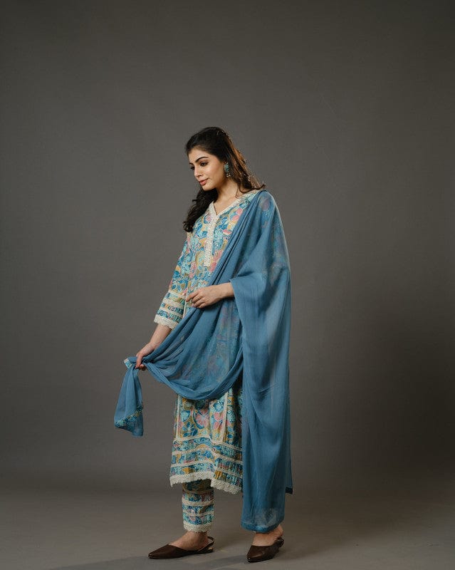 Stone Blue 3/4th Sleeves Chanderi Digital Floral Print, Mirror Work Calf Length Kurta Set - With Dupatta