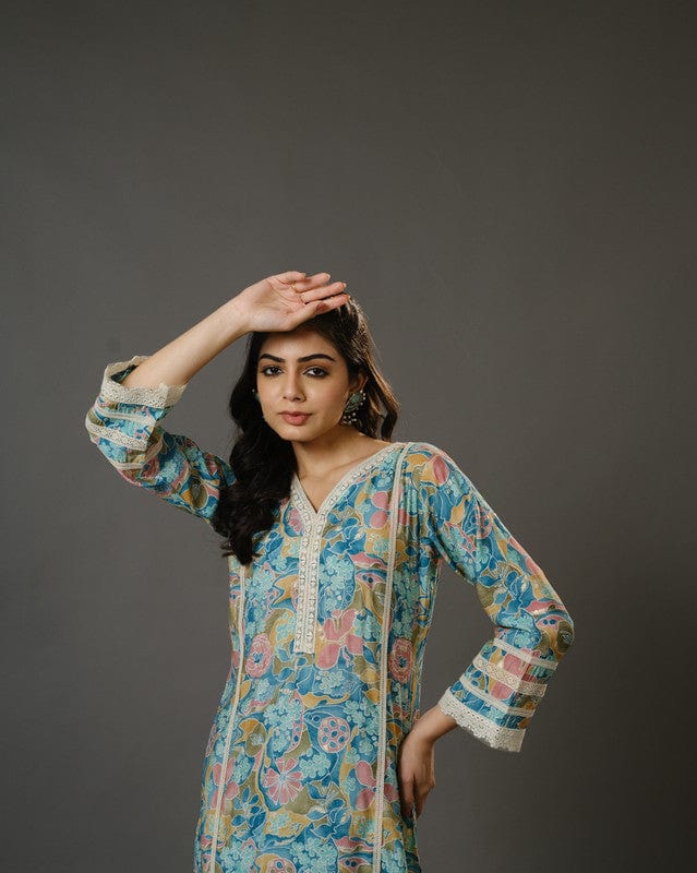 Stone Blue 3/4th Sleeves Chanderi Digital Floral Print, Mirror Work Calf Length Kurta Set - With Dupatta